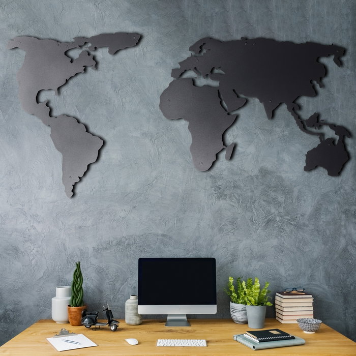 Wallity World Map Silhouette Escultura de pared de metal negra